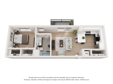a stylized 3d floor plan with a bedroom and a living room